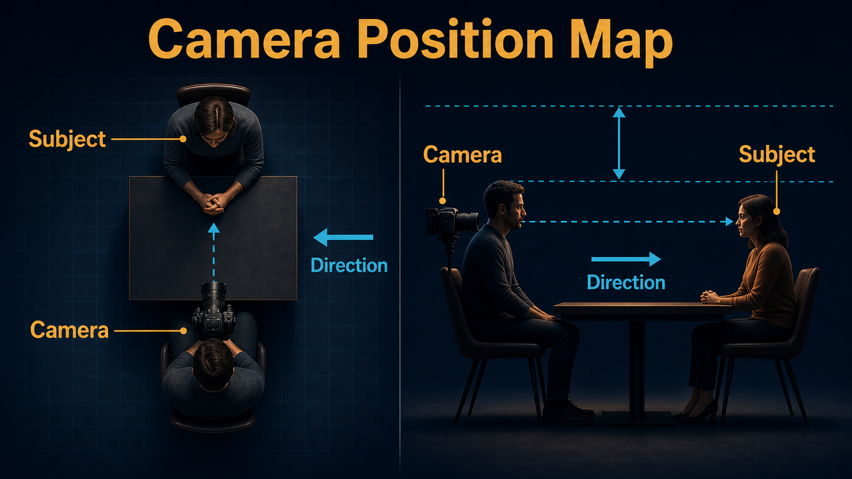Top and side camera placement diagram for over-the-shoulder dialogue