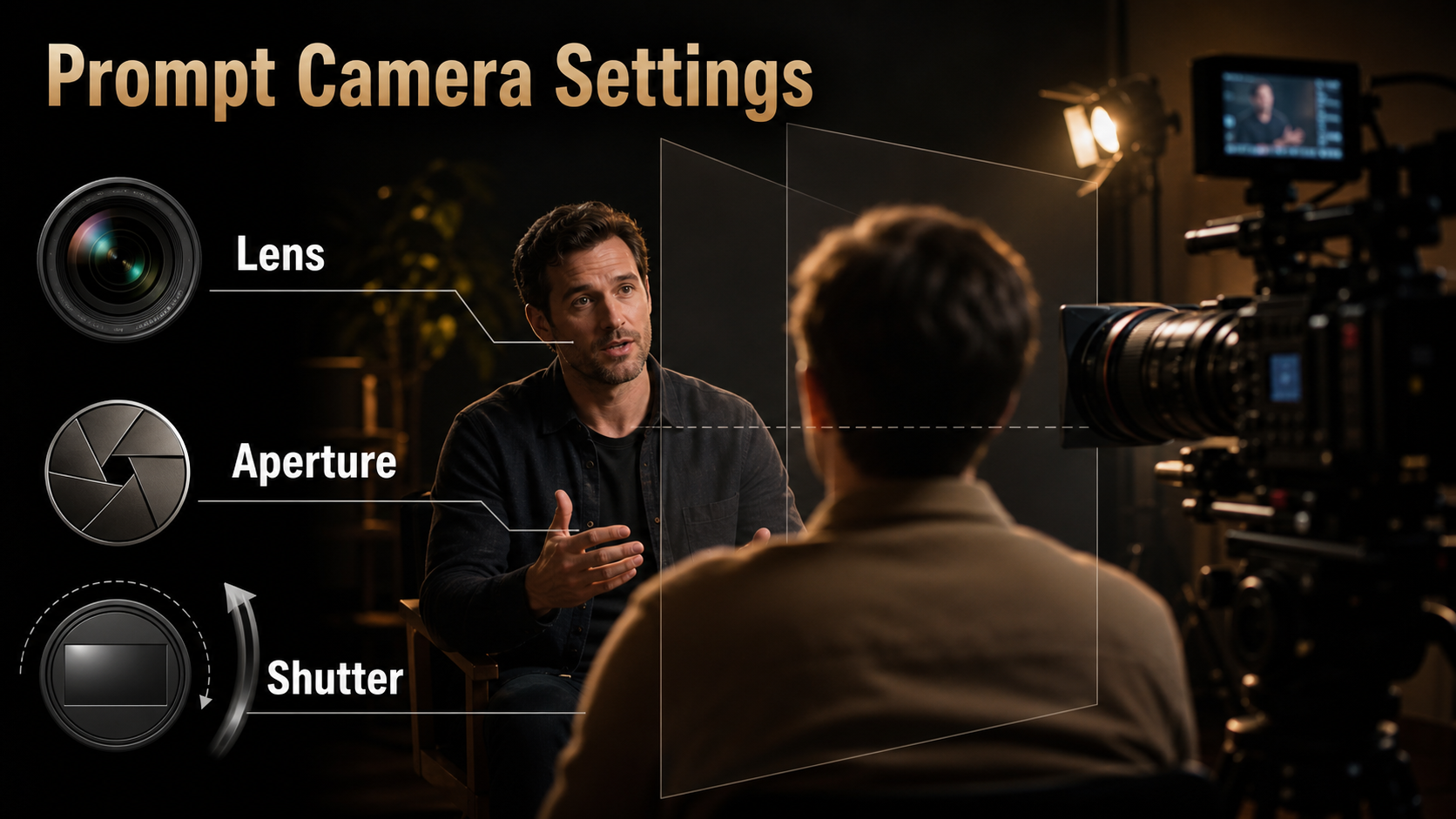 Lens aperture and shutter settings for an over-the-shoulder dialogue shot