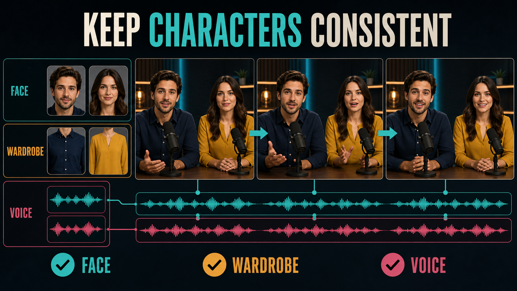 Character continuity board checking face wardrobe and voice across avatar video frames