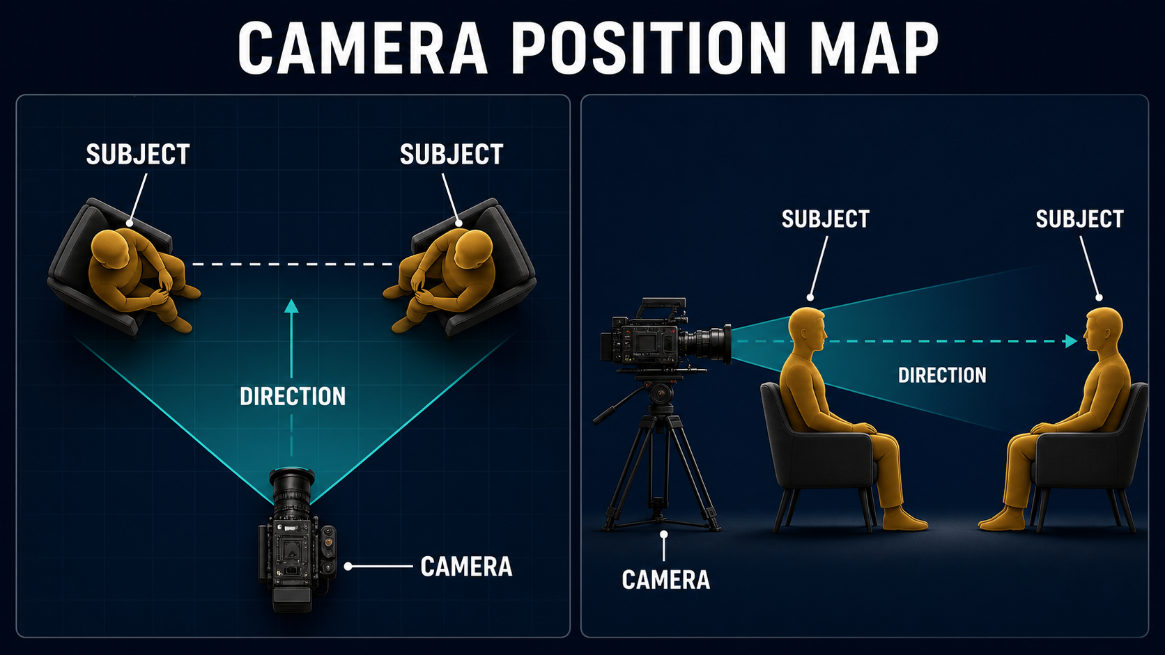 Top-down and side-view camera position map for two-person conversation