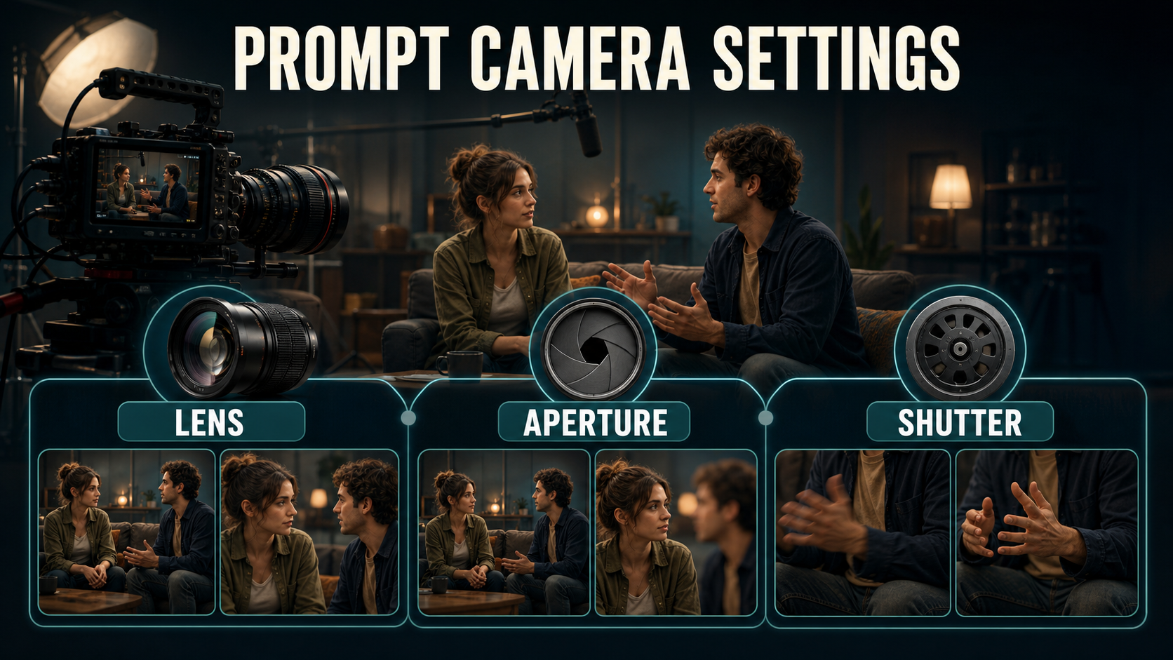 Two-shot camera settings illustration comparing lens aperture and shutter behavior