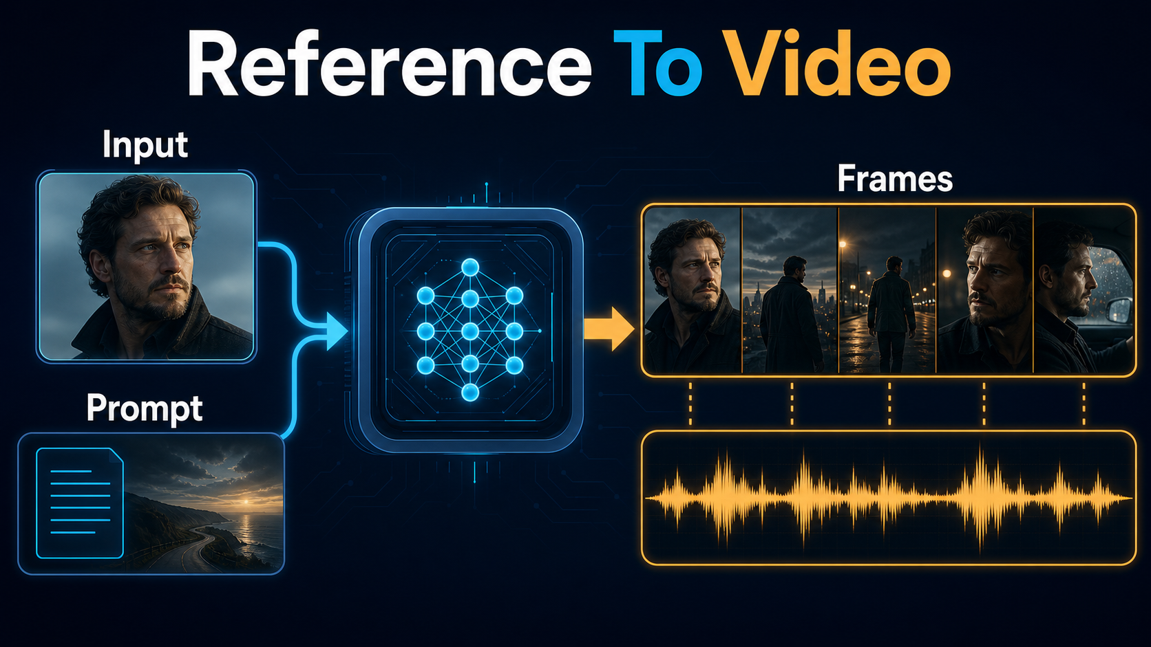 Reference image and prompt flowing through an audio-video model into coherent frames