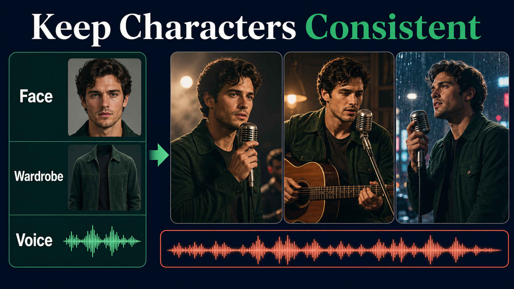 Character sheet preserving face wardrobe and voice cues across three video scenes