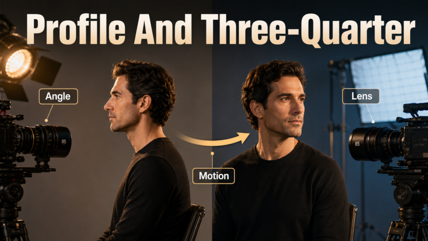 Film set comparing profile and three-quarter portrait angles for AI video