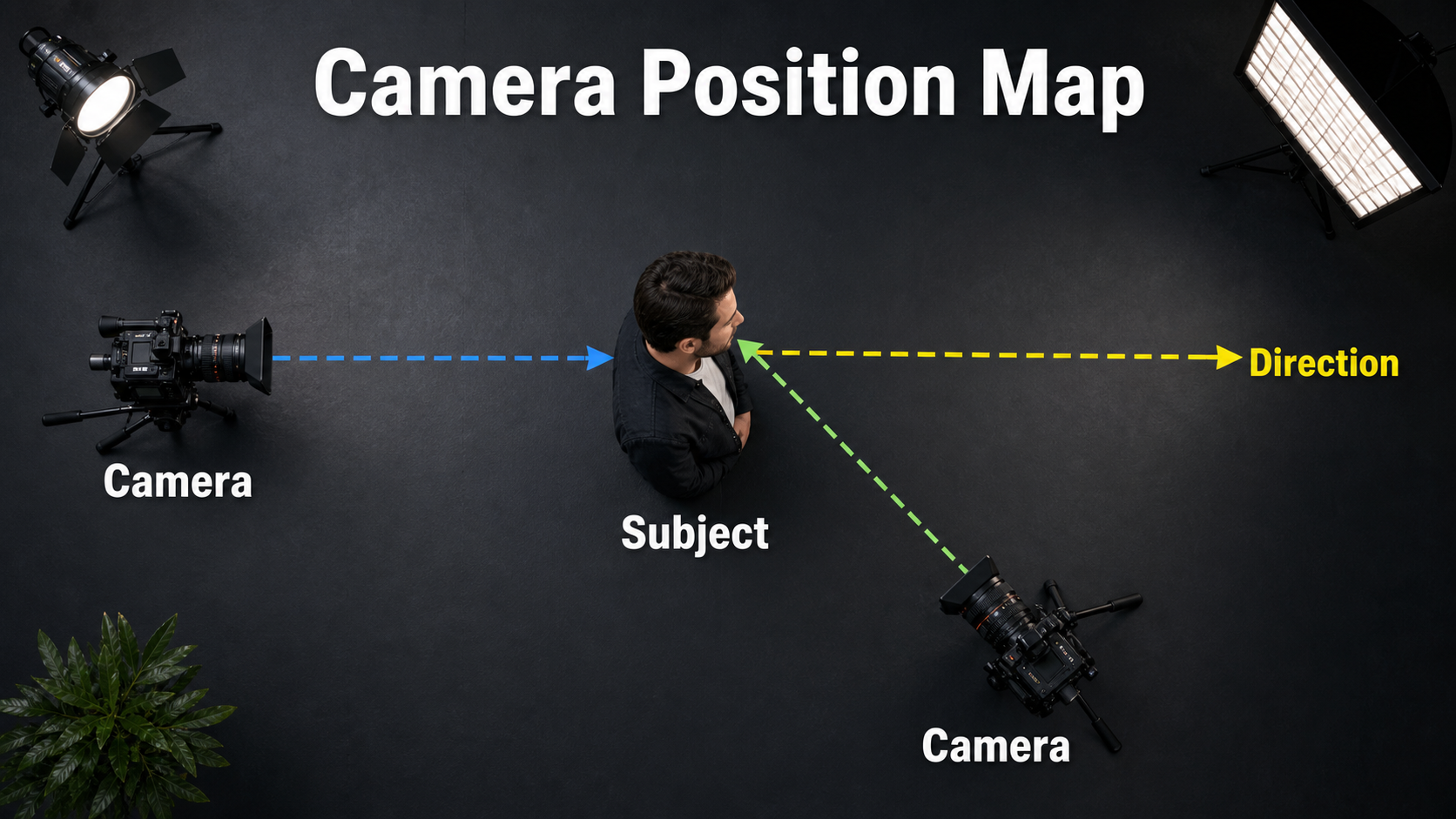 Top-down camera position map for profile and three-quarter angles