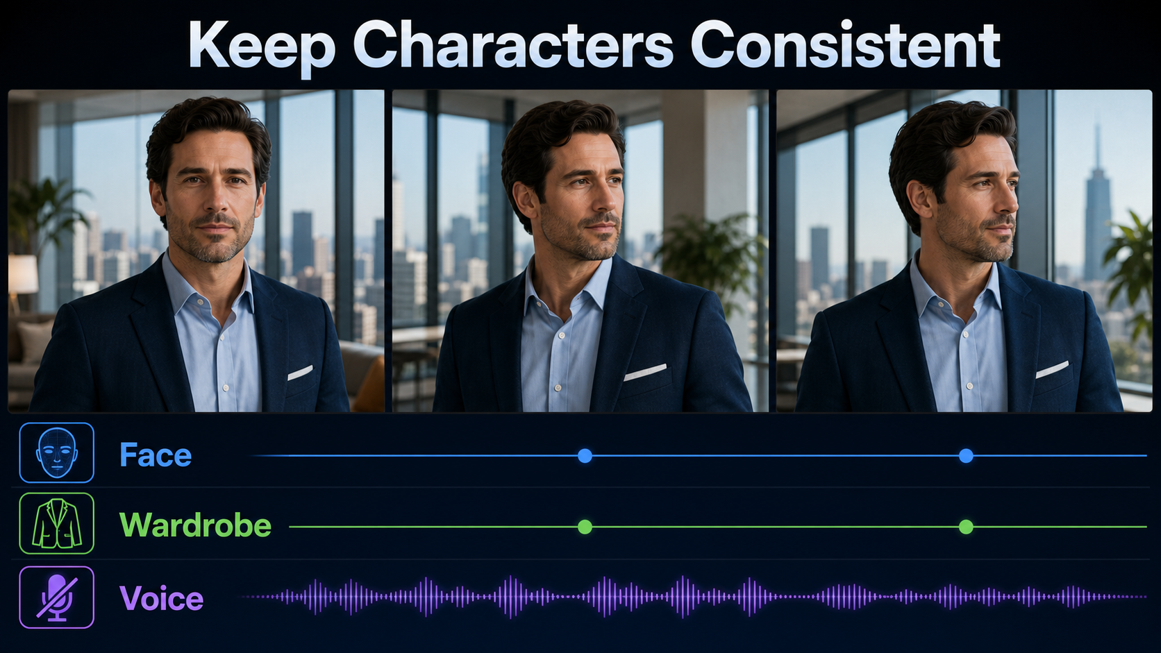 Character continuity check for face wardrobe and separate voice track