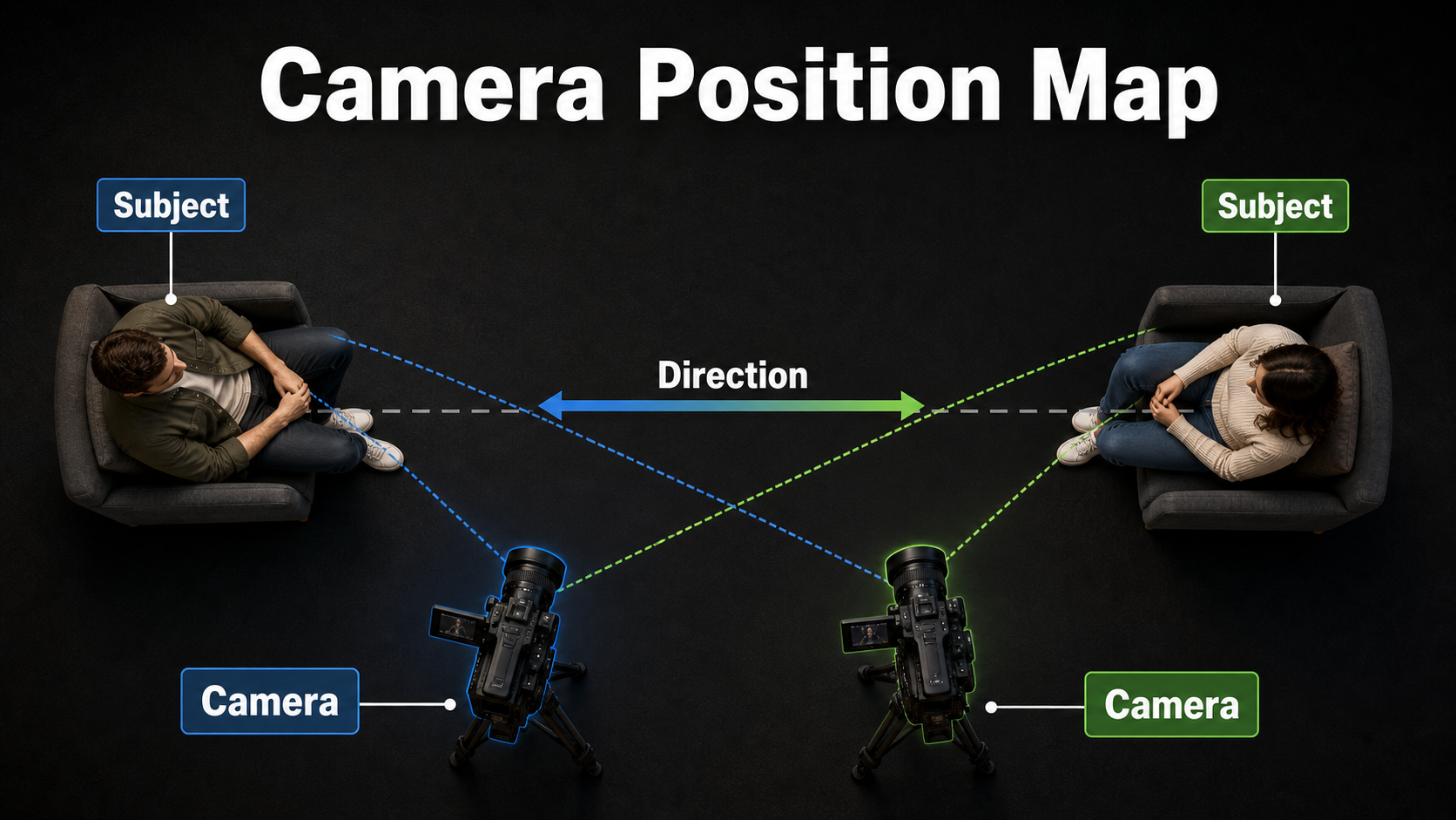 Top-down shot-reverse-shot camera position map with preserved screen direction