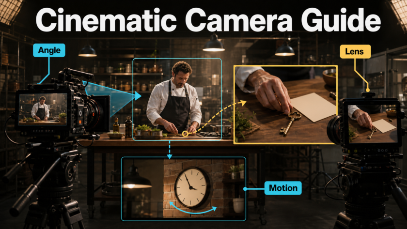 Film set demonstrating a master shot, hand insert, and clock cutaway