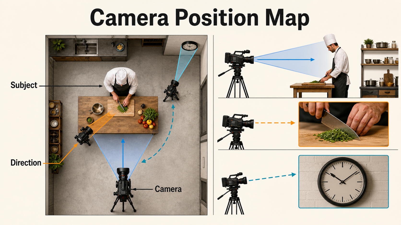 Top-down and side-view camera map for insert shots and cutaways