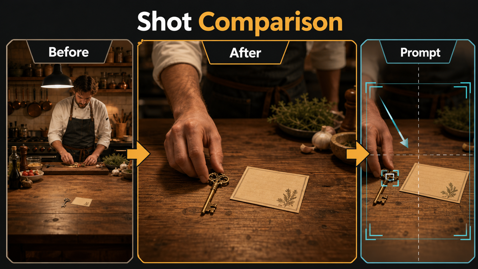 Before and after comparison of a weak wide shot and a clear hand insert