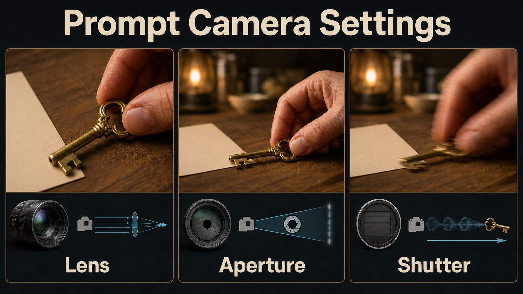 Lens aperture and shutter effects for a hand and key insert shot