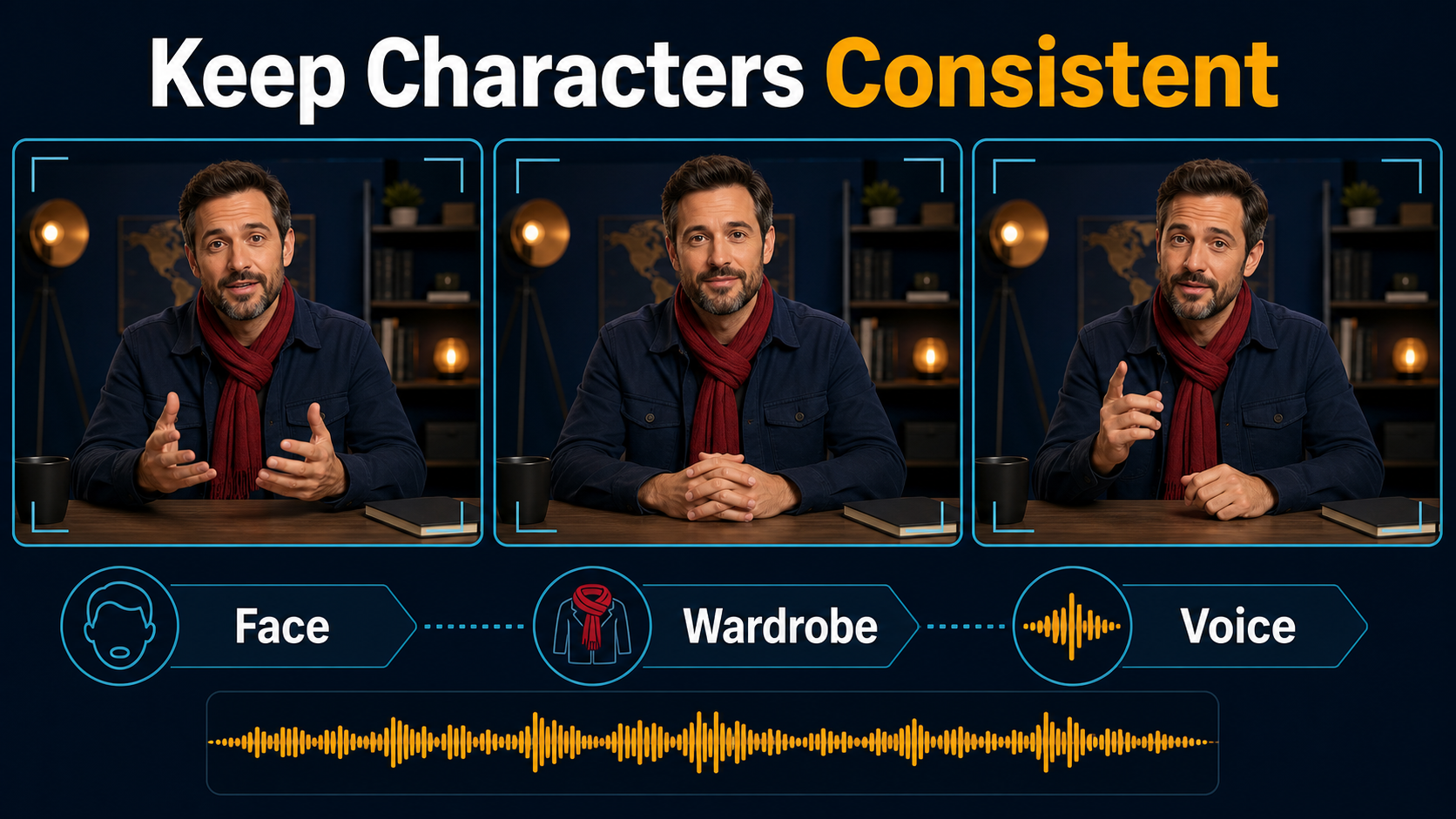 Continuity board preserving presenter face wardrobe and voice across shots