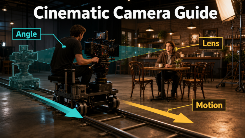 Cinema camera on a dolly track moving toward an actor on a café set