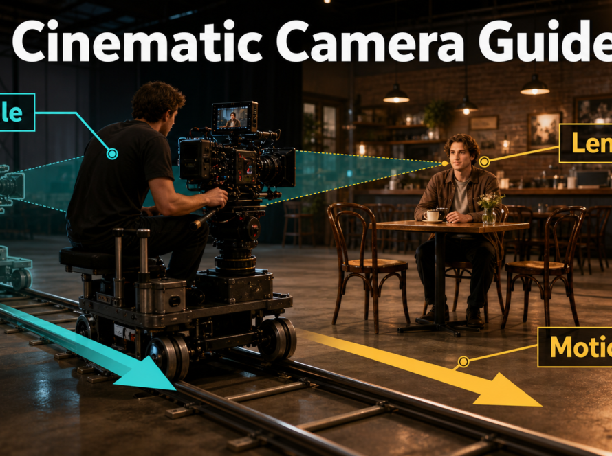Cinema camera on a dolly track moving toward an actor on a café set