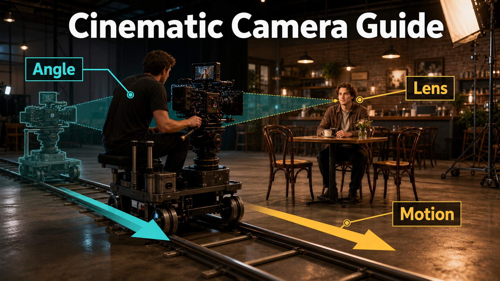 Cinema camera on a dolly track moving toward an actor on a café set