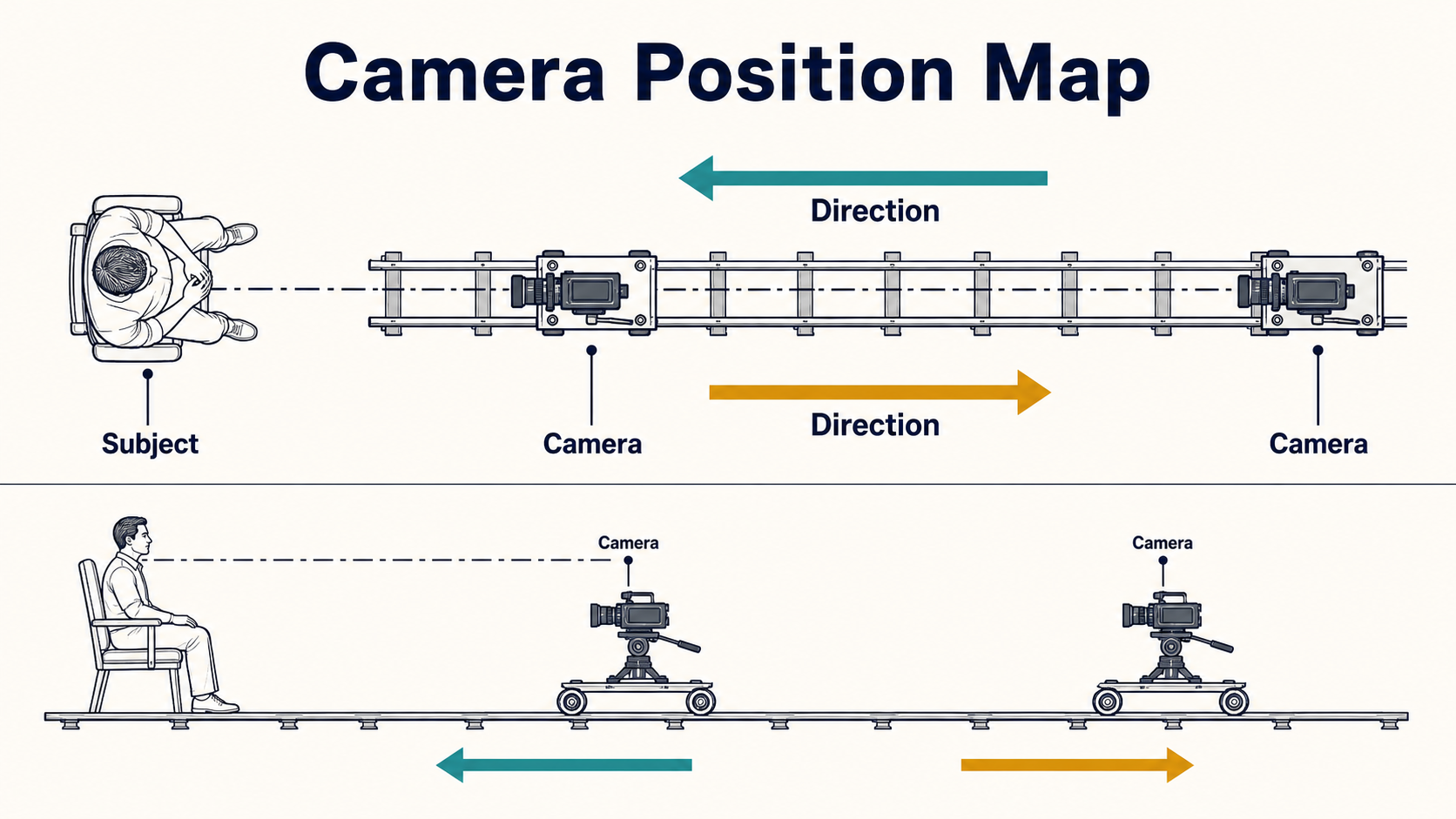 Top and side diagrams of near and far camera positions on a straight dolly track