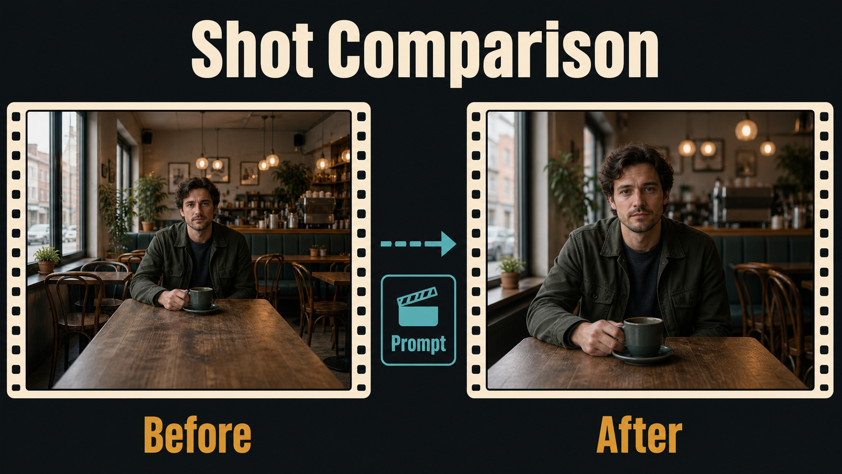 Before and after frames comparing far and near camera positions around the same café subject