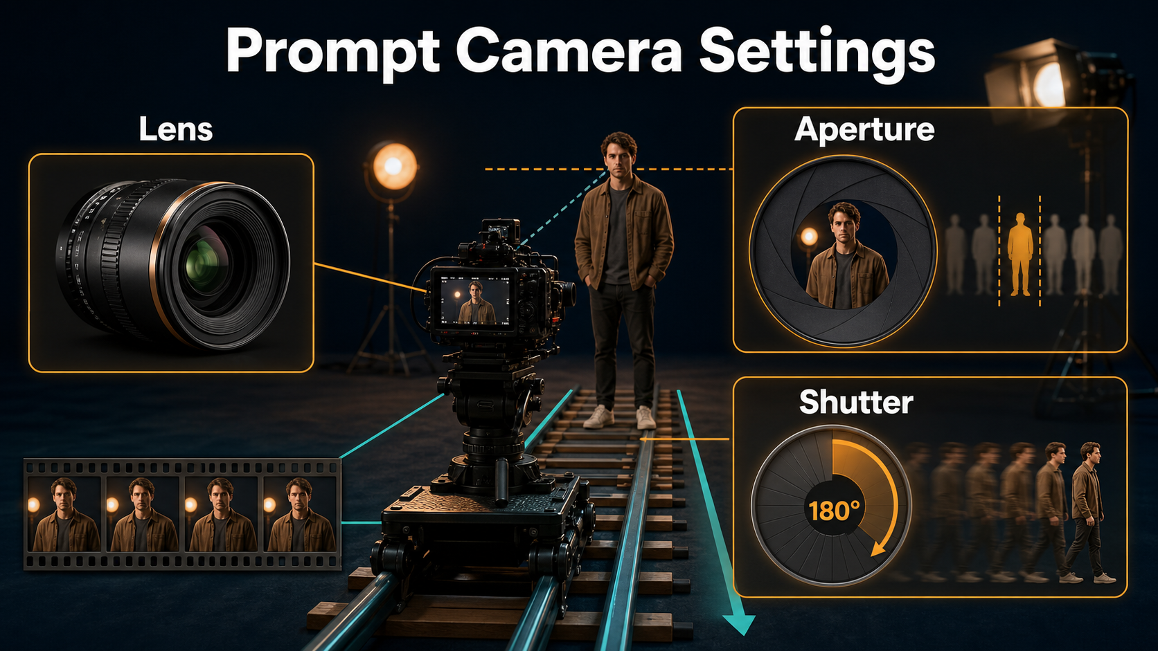 Dolly camera settings diagram showing lens aperture shutter and focus behavior