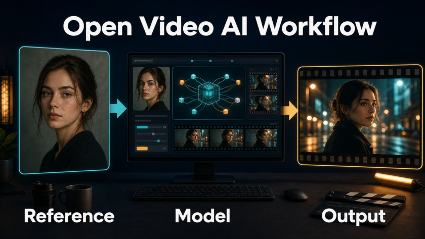 LTX Desktop workflow from a reference portrait through the local model to a finished video frame