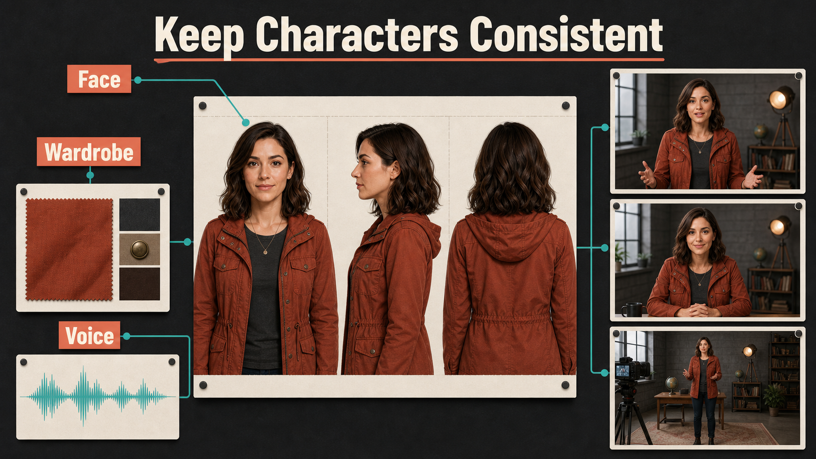 Character continuity board with matching face, rust jacket, voice waveform, and studio frames