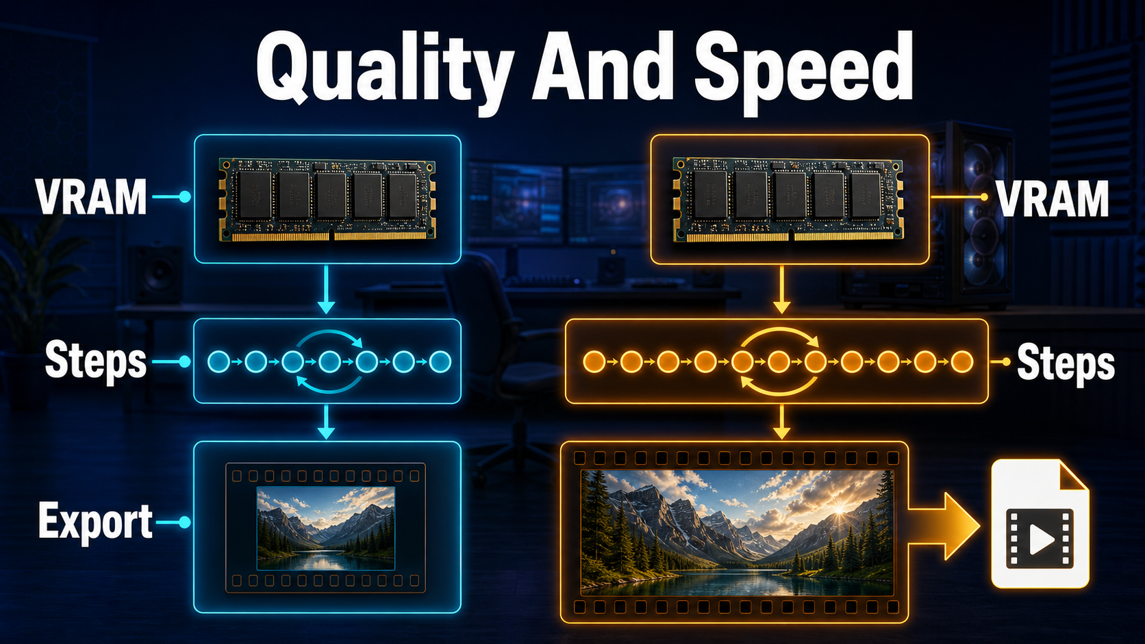 Quality and speed comparison using VRAM, render steps, preview frames, and final export