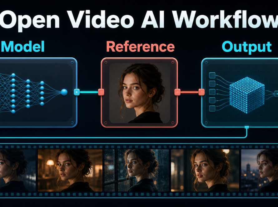 ComfyUI video workflow linking a model, character reference, and consistent output frames
