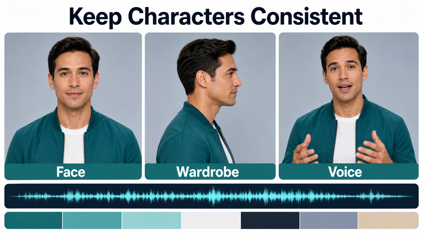 Character continuity board comparing the same face, wardrobe, and voice across video shots