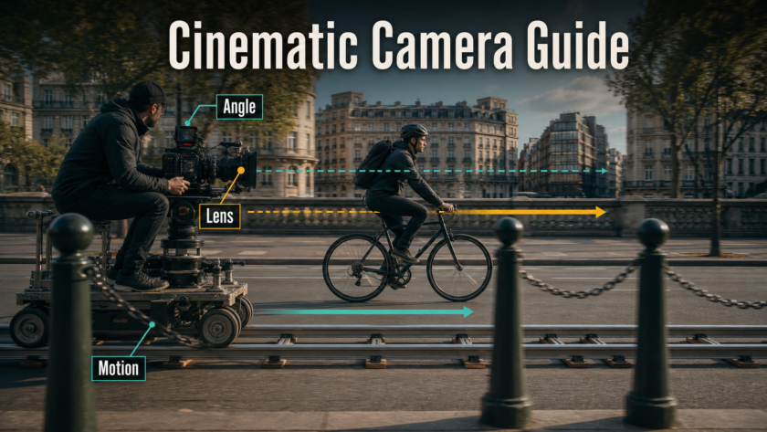 Cinema camera tracking parallel to a cyclist with visible lens, angle, and motion annotations