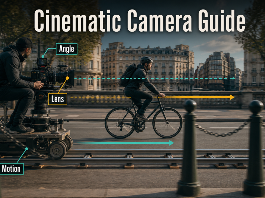 Cinema camera tracking parallel to a cyclist with visible lens, angle, and motion annotations