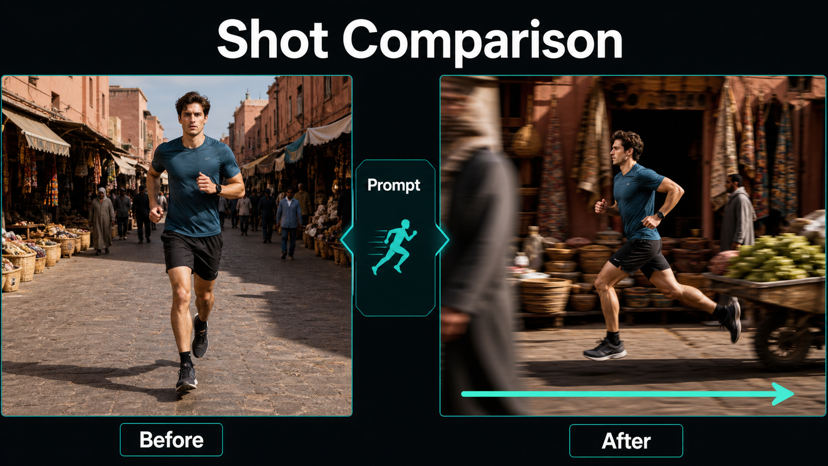 Before and after comparison of a static runner shot and a lateral tracking shot with foreground parallax