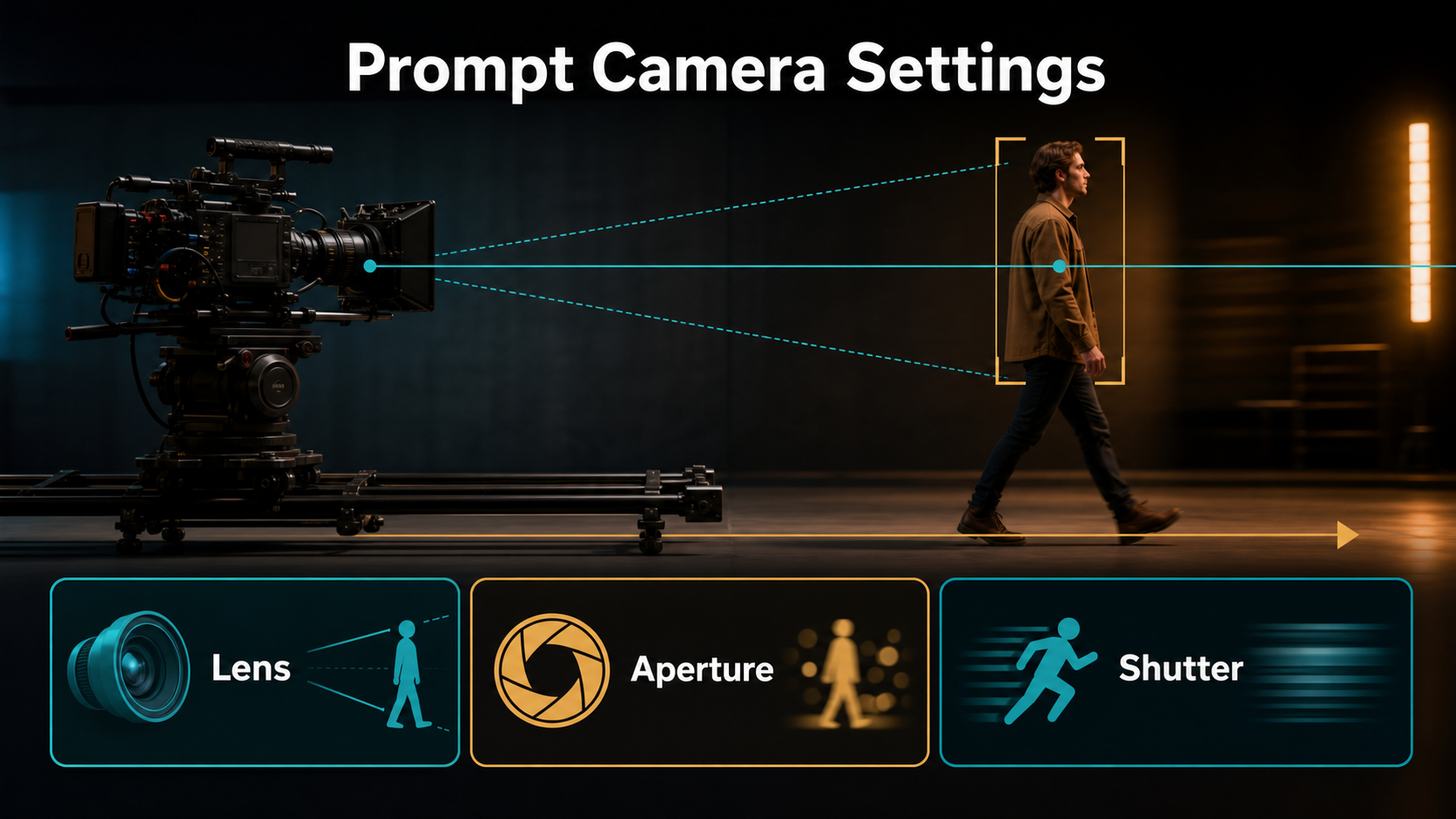 Side-tracking camera setup with lens, aperture, and shutter callouts around a walking subject
