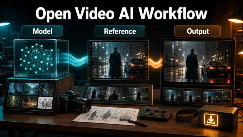 Open video AI workflow connecting a model, reference frame, and final output