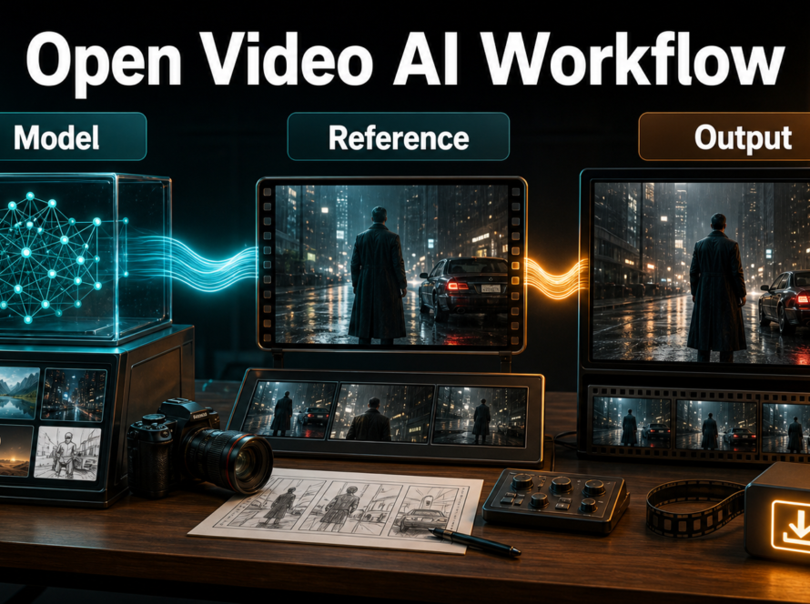 Open video AI workflow connecting a model, reference frame, and final output