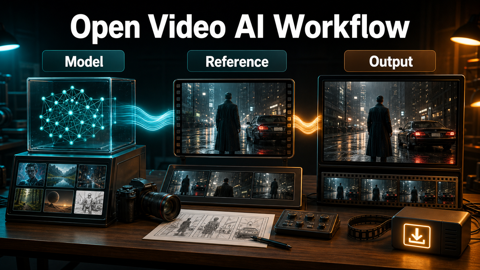 Open video AI workflow connecting a model, reference frame, and final output