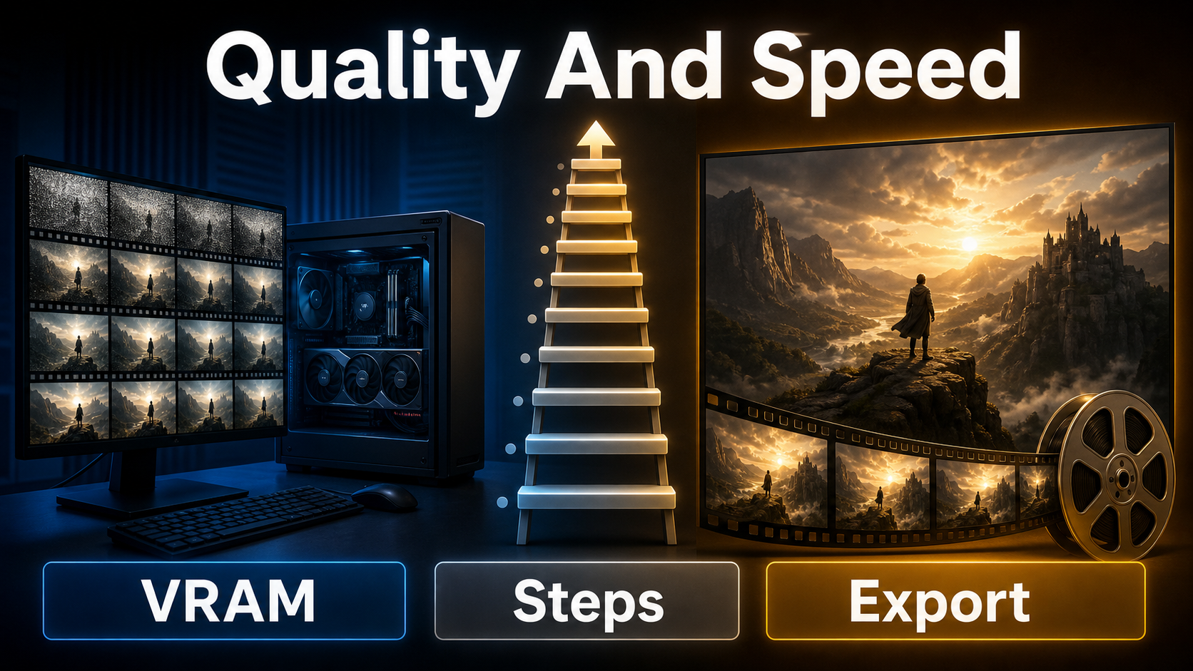 Quality and speed comparison covering VRAM inference steps and export
