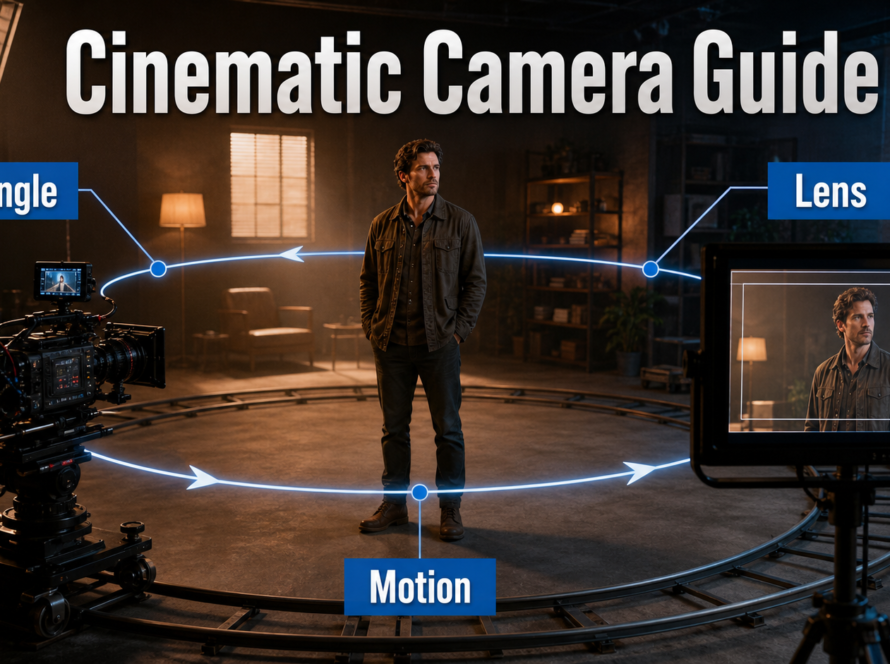 Film camera following a curved orbit path around an actor on a studio set