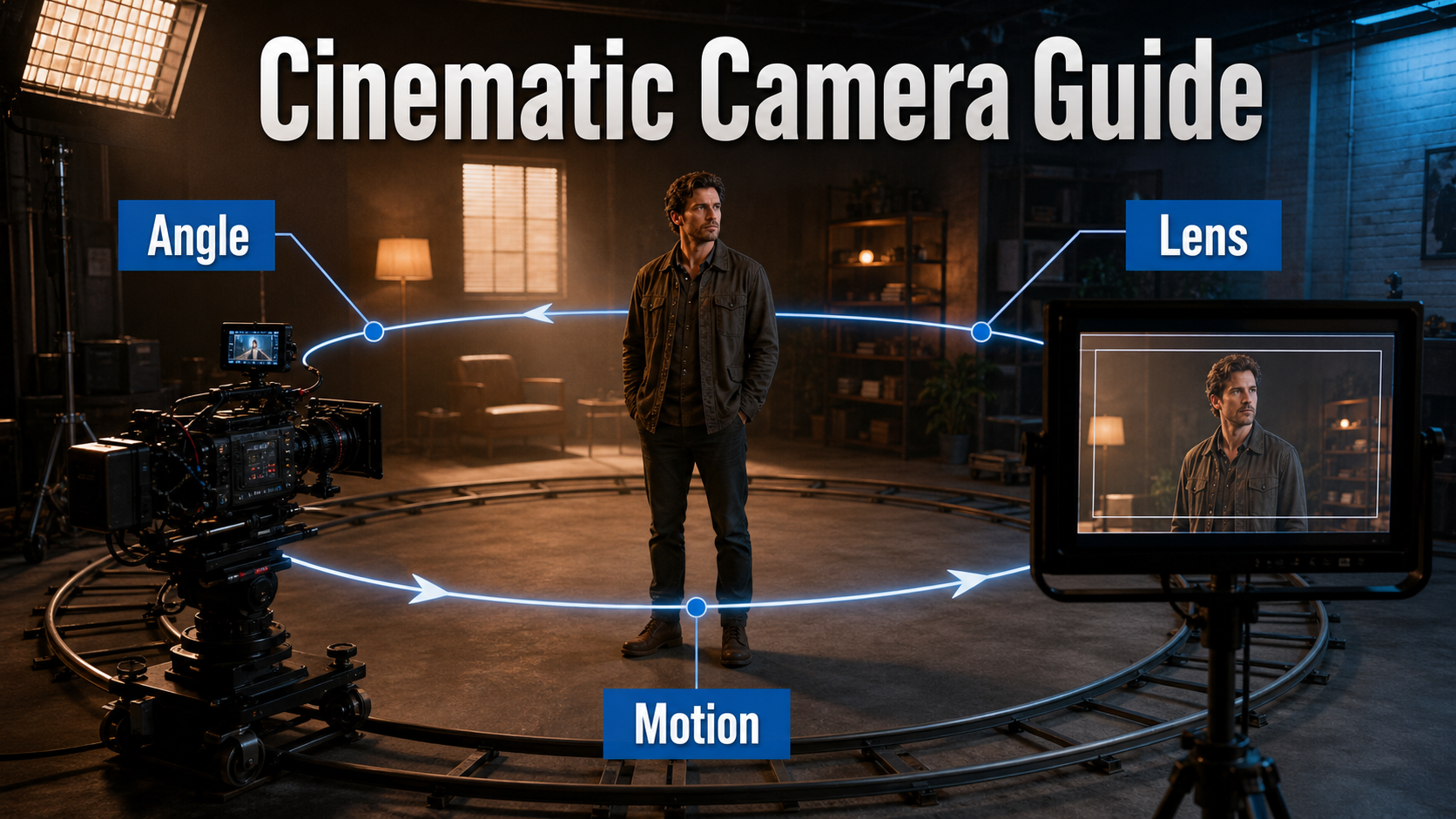 Film camera following a curved orbit path around an actor on a studio set