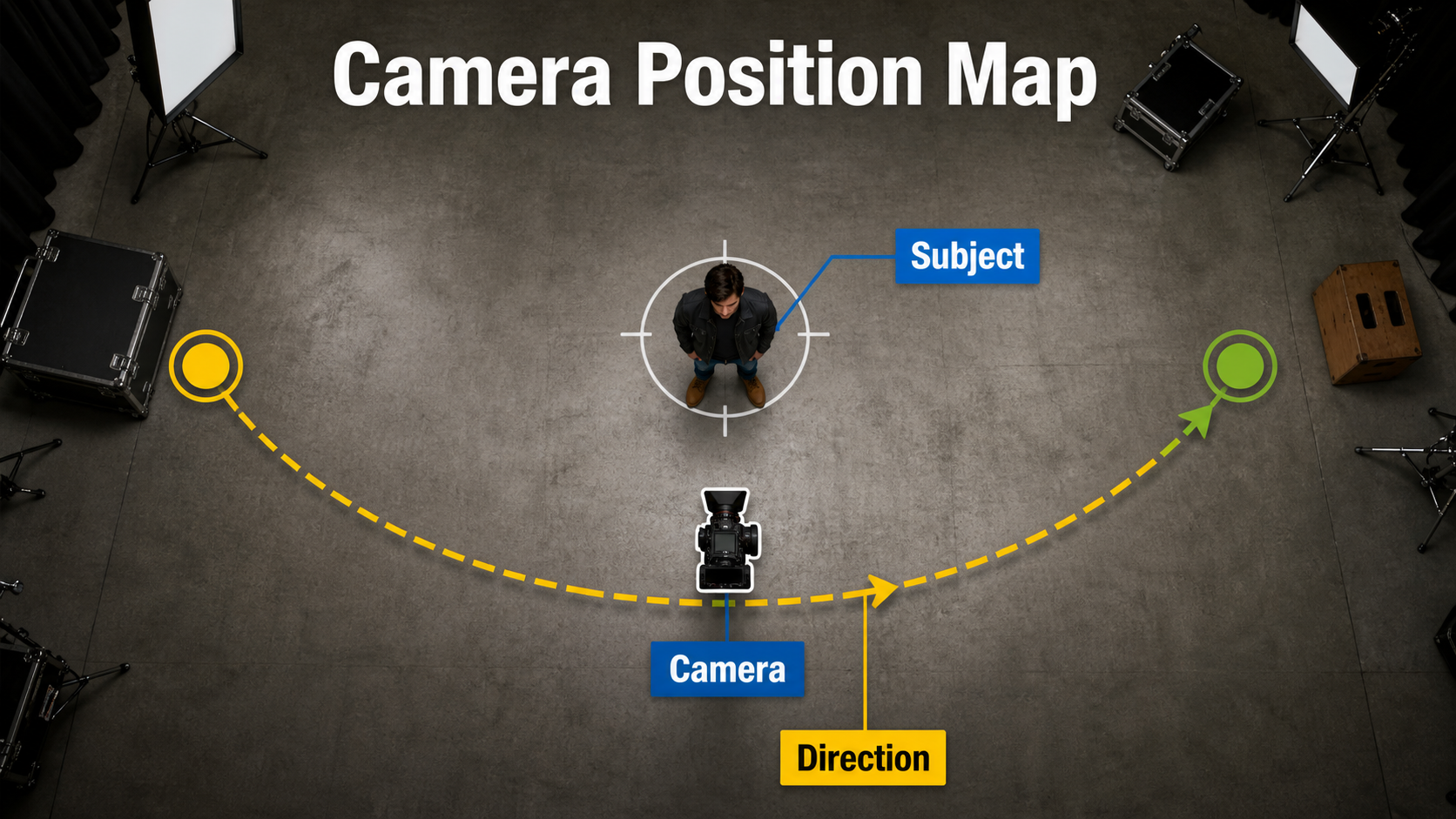 Top-down camera position map showing a partial arc around a subject