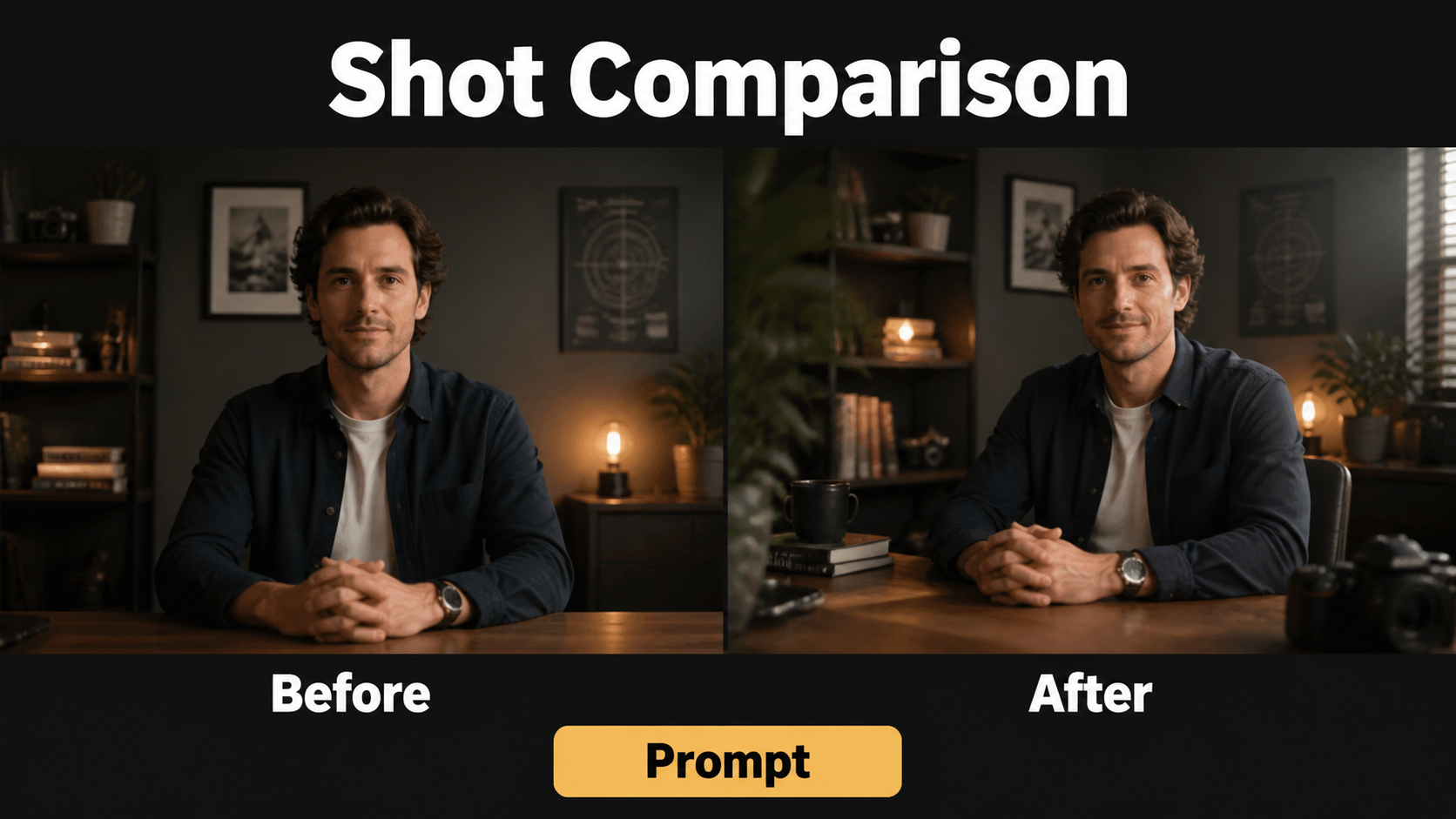 Before and after frames comparing a static view with a successful arc camera view