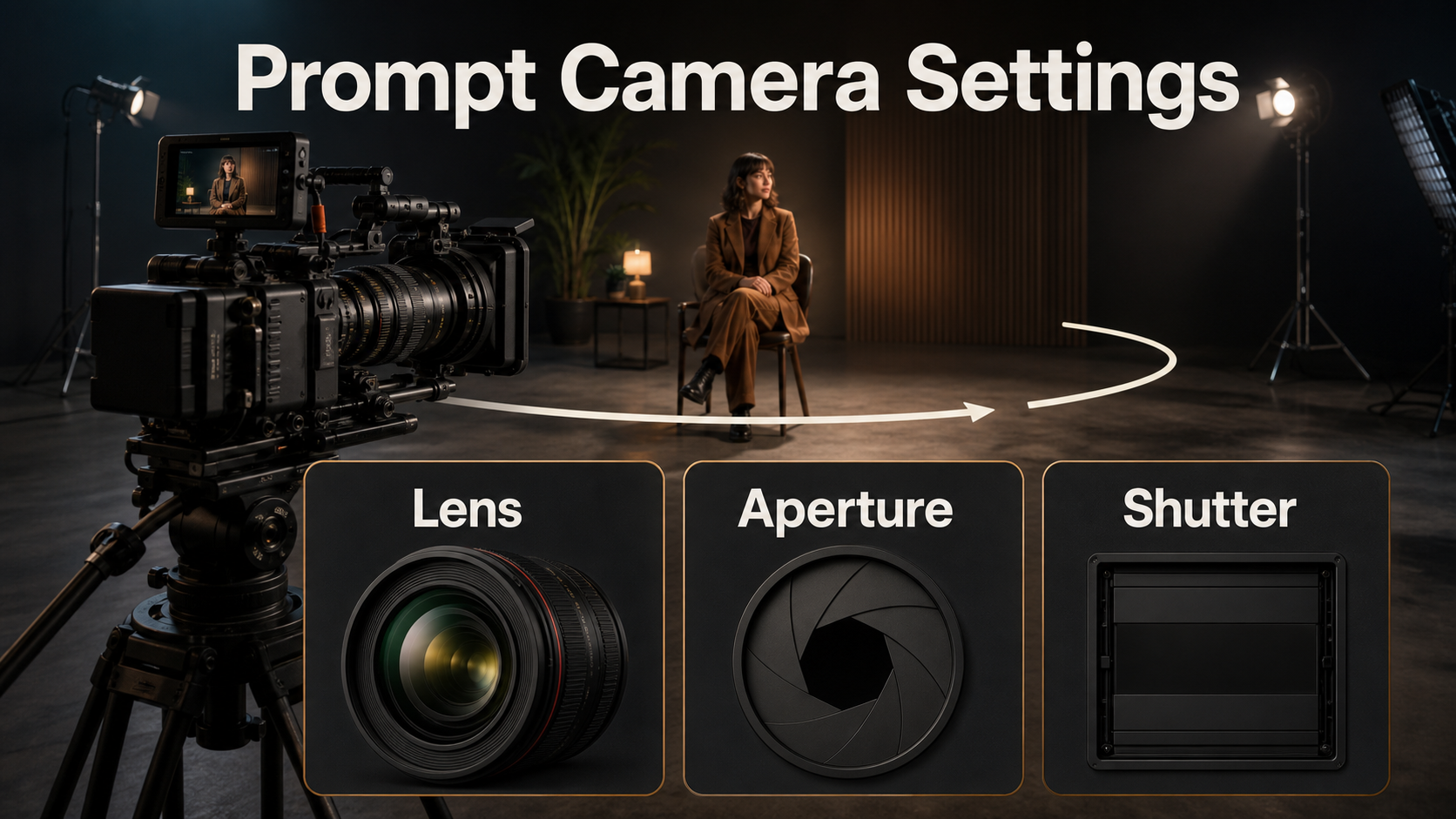 Cinema camera settings board for lens aperture and shutter choices during an orbit move