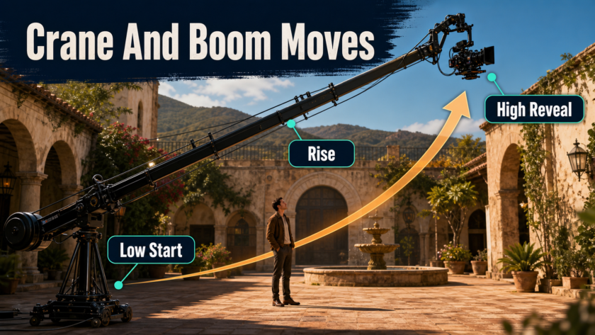 Cinema crane rising from a low start to a high reveal above an actor in a courtyard