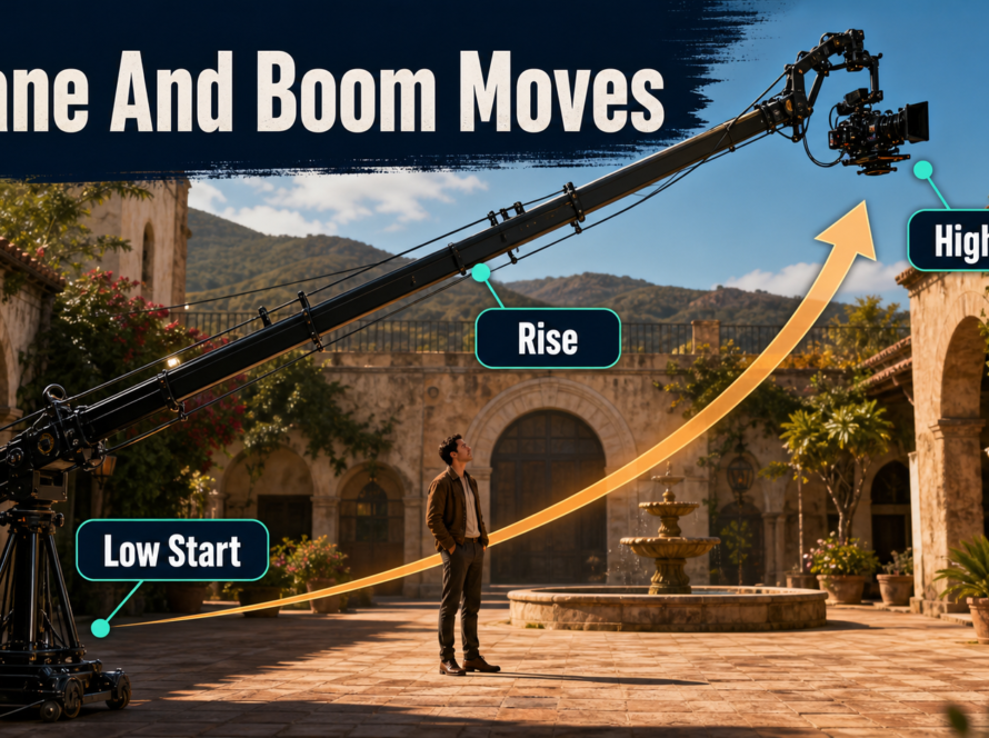 Cinema crane rising from a low start to a high reveal above an actor in a courtyard