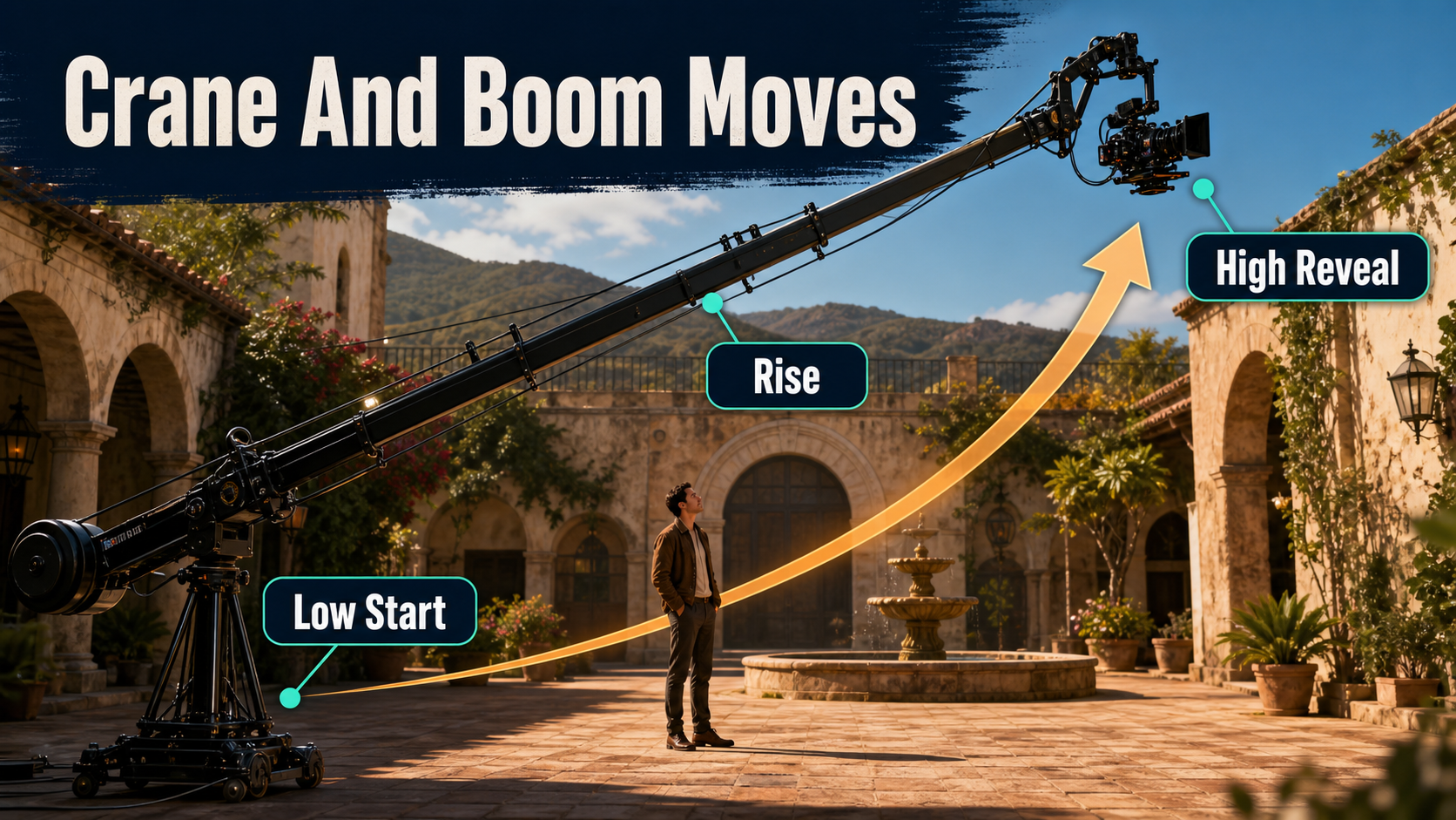 Cinema crane rising from a low start to a high reveal above an actor in a courtyard