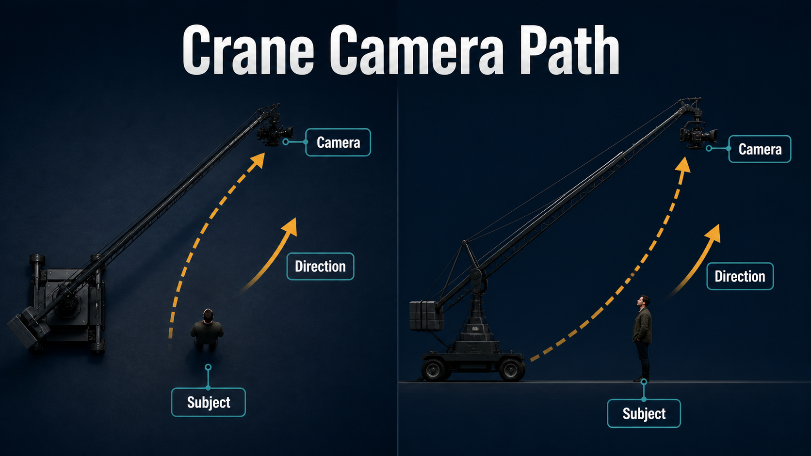 Top and side diagrams showing the subject camera and direction of a crane path