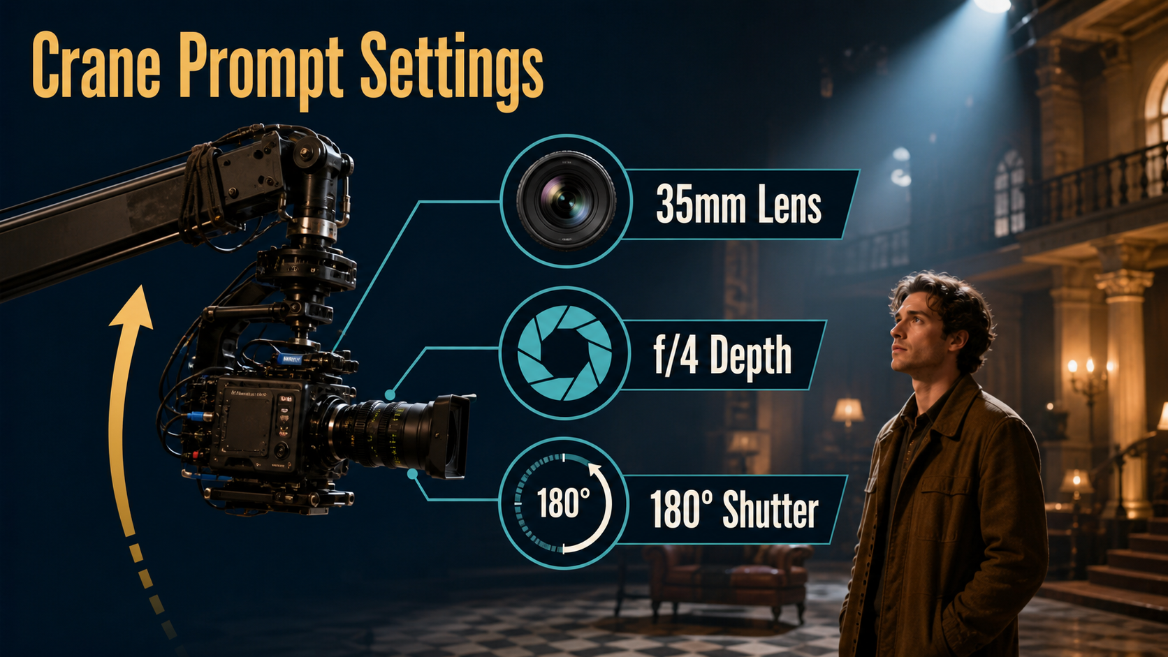 Crane camera setup with 35mm lens f4 depth and 180 degree shutter labels