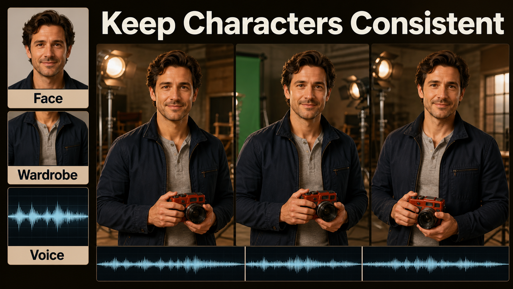 Character face wardrobe prop and voice consistency across video shots