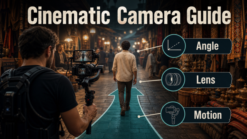 Gimbal camera operator following an actor through a market on a planned stabilized path