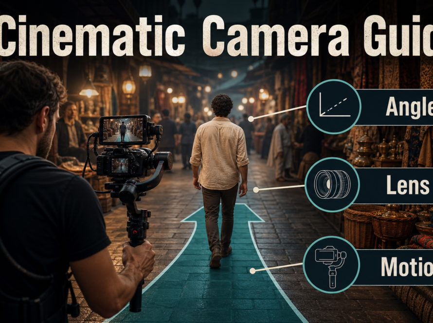 Gimbal camera operator following an actor through a market on a planned stabilized path