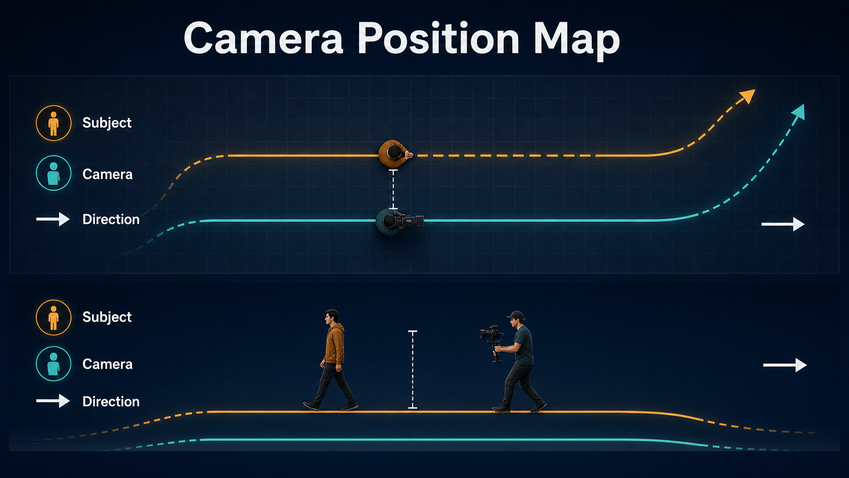 Top and side diagrams of a subject and stabilized camera following at constant distance