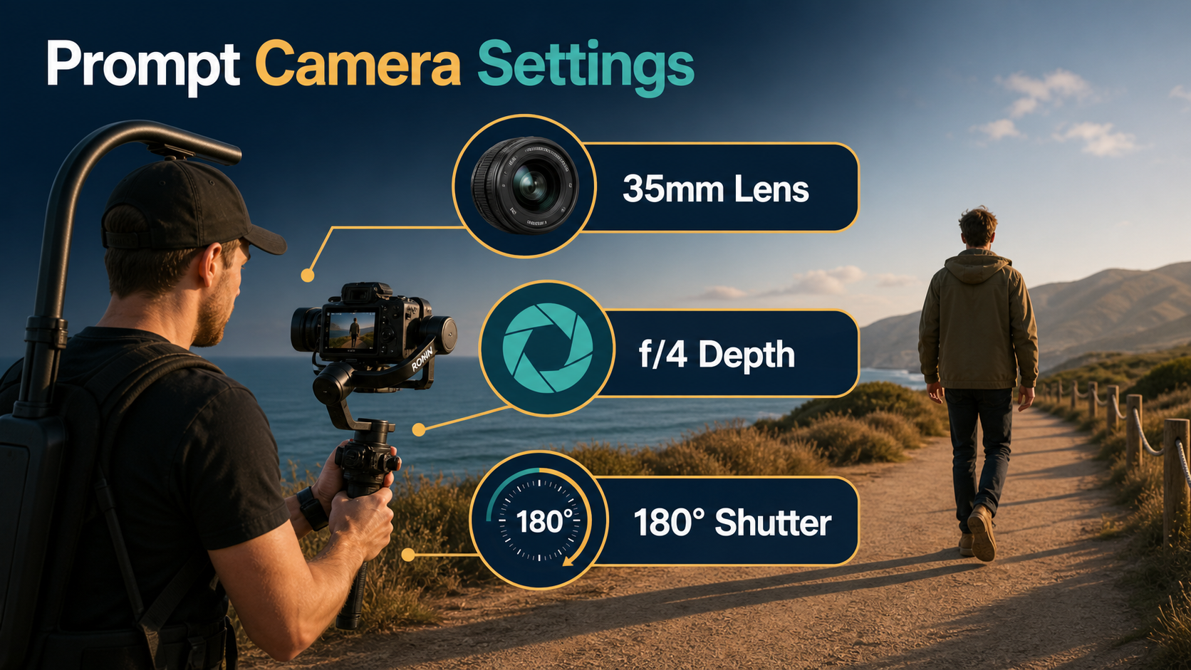 Gimbal follow shot with 35mm lens f4 depth and 180 degree shutter settings